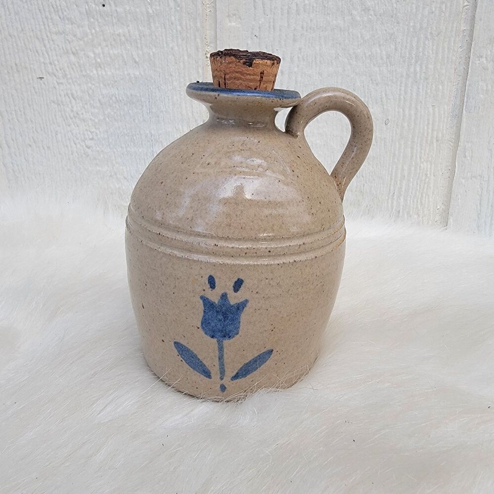 Vintage Stone Ware Jug Handmade Blue Flower  Stoneware-5 3/4" Primitive